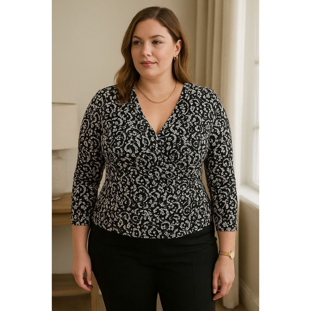 Michael Kors Black/White Floral Print Long Sleeve Top XL Stretch Knit Preppy